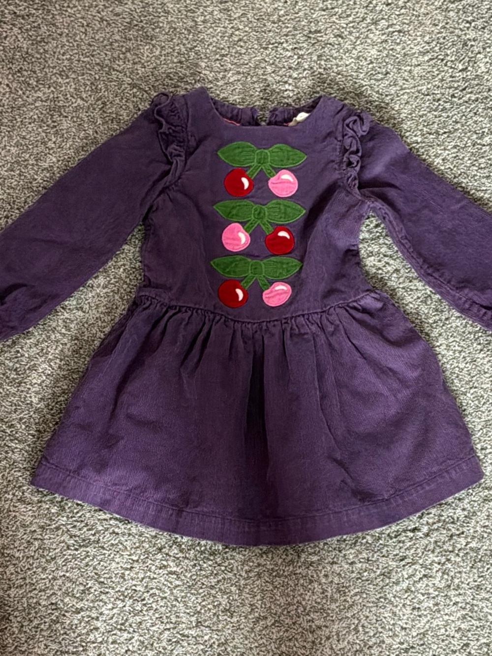 Mini Boden Purple Corduroy Dress with Green Bow Detail